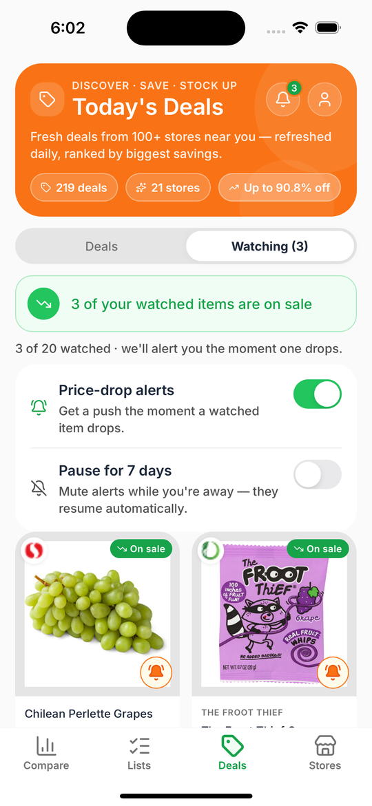 GroceryChop app price-drop alerts for watched items