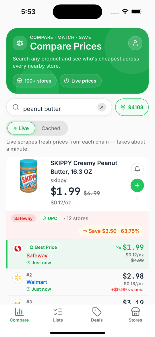 GroceryChop app comparing peanut butter prices across nearby stores