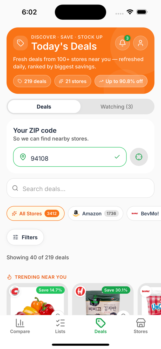 GroceryChop app showing today's grocery deals ranked by savings