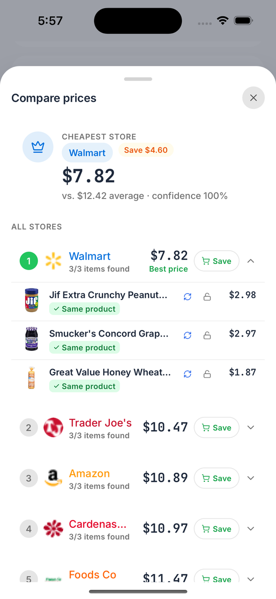 GroceryChop app pricing a shopping list to find the single cheapest store